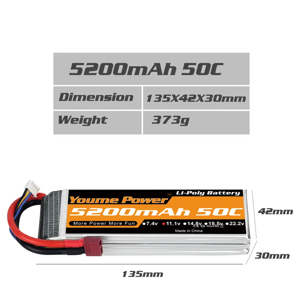 Youme 11,1 V 5000mah Lipo батарея 3S 5200mah 50C с штекером Deans XT60 разъем для радиоуправляемого автомобиля квадрокоптера вертолета лодки радиоуправляемого самолета