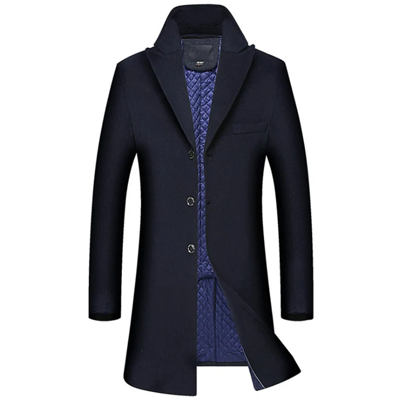 Зимний мужской шерстяной Тренч однобортный мужской пальто Толстая шерстяная куртка средней длины теплая верхняя одежда без шарфа - Цвет: Синий