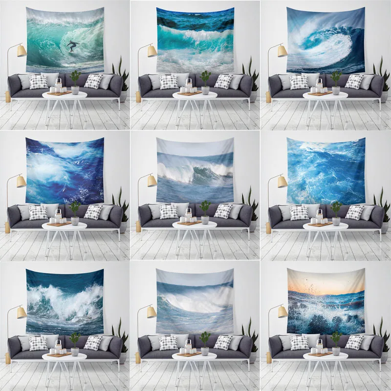 

Sun Sea Tapestry Ocean Beach Wall Hanging Water Landscape Beach Decoration Blue Cloud Blue Frothy Blanket Polyester Handmade