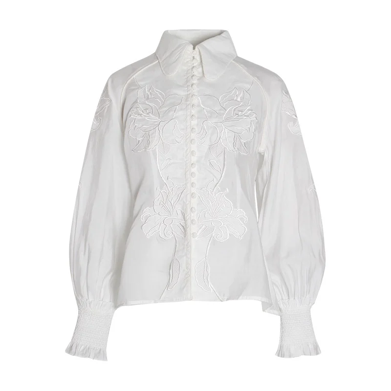 Кружевная вышивка Zim Брендовая женская блузка пышная с длинным рукавом белая сексуальная элегантная Осенняя винтажная подиумная дизайнерская женская блузка рубашка