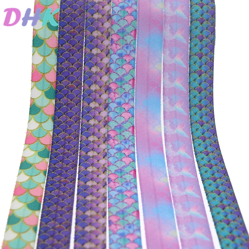 DHK 5/8 ''5 ярдов с принтом рыбы складывающийся эластичный враг стрейч-лента бант для волос головной убор оголовье DIY OEM E1718