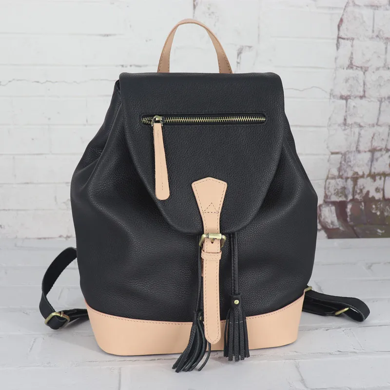 Fashion Backpack Women High Quality School Bags For Teenager Girls Tassel Design Patchwork Daily Travel Backpack Genuine Leather