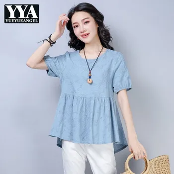 

Summer Women Vintage Jacquard Loose Fit Short Sleeve T-shirt Kawaii Ruffles O Neck Tee Top Casual Cotton Linen Big Size T-shirts