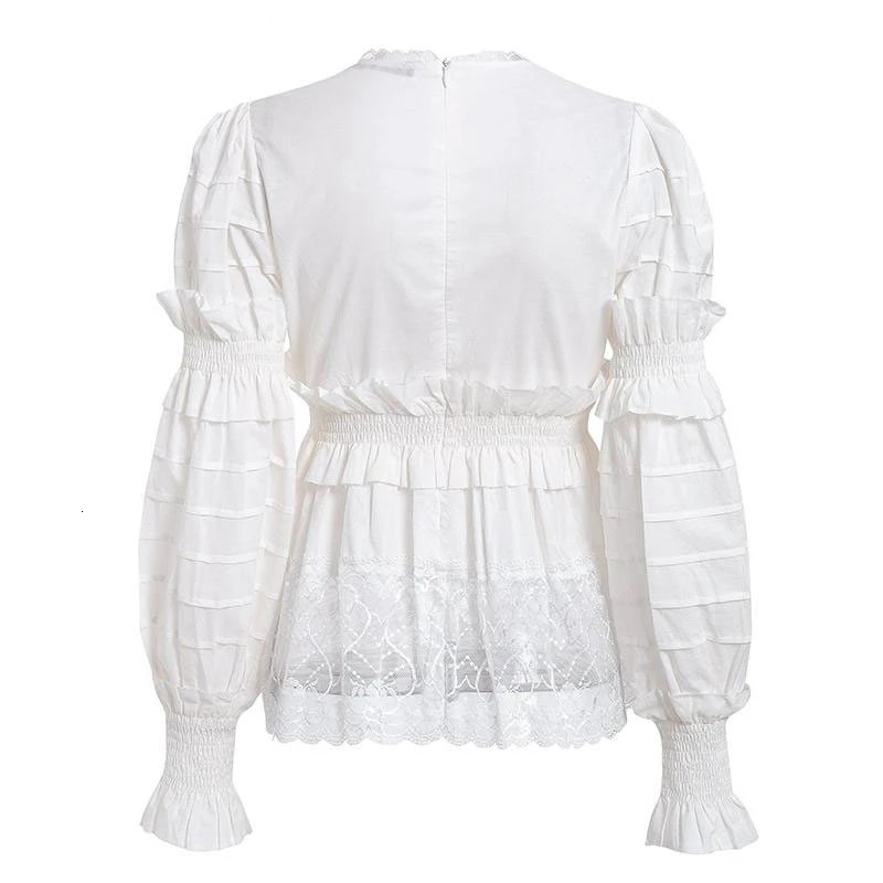 Beigerfayl белая блузка Moda Mujer короткие женские куртки из искусственного меха бланка винтажные Блузы De Encaje Para с пышными рукавами и рюшами Топ S19BL060