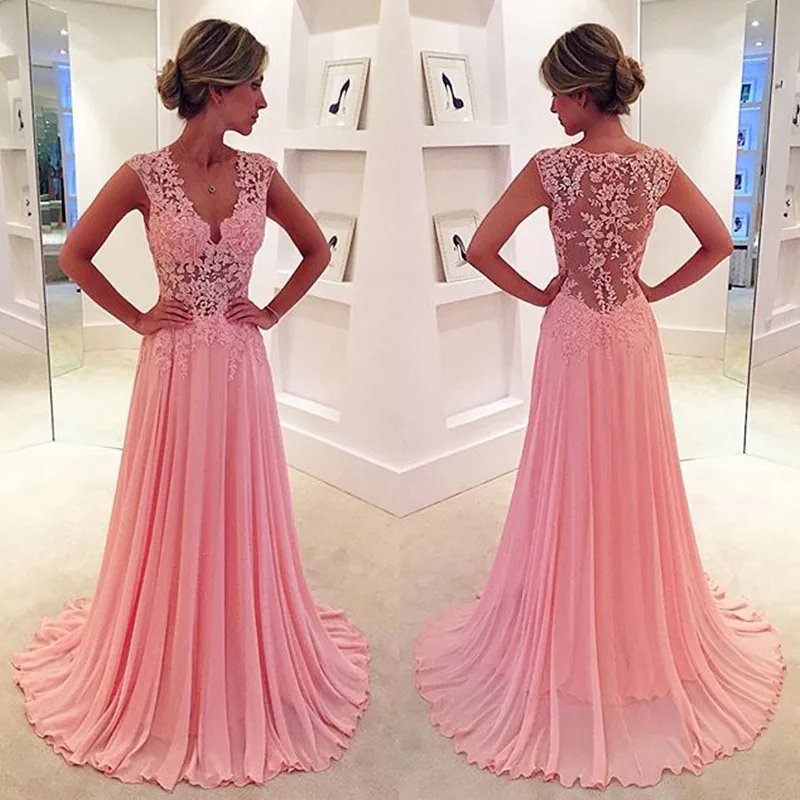 

A Line Pink Deep V Neck Long Lace appliques Formal Woman Party prom evening Gown vestidos de gala illusion Mother Bride Dresses
