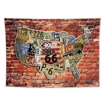 

Route 66 Tapestry Retro brick wall License Plate Map American USA Fabric Wall Hanging Decor for Bedroom Living Room Farmhouse