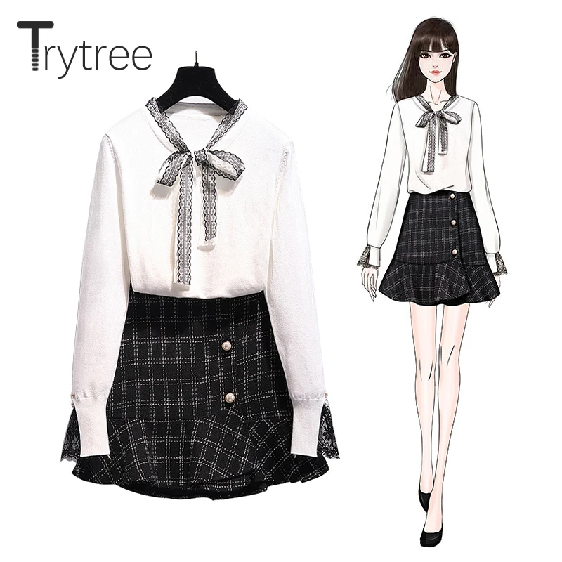Trytree, осенне-зимний комплект из двух предметов, повседневный вязаный белый топ с v-образным вырезом и кружевным бантом+ юбка, модный клетчатый жемчужный комплект из 2 предметов