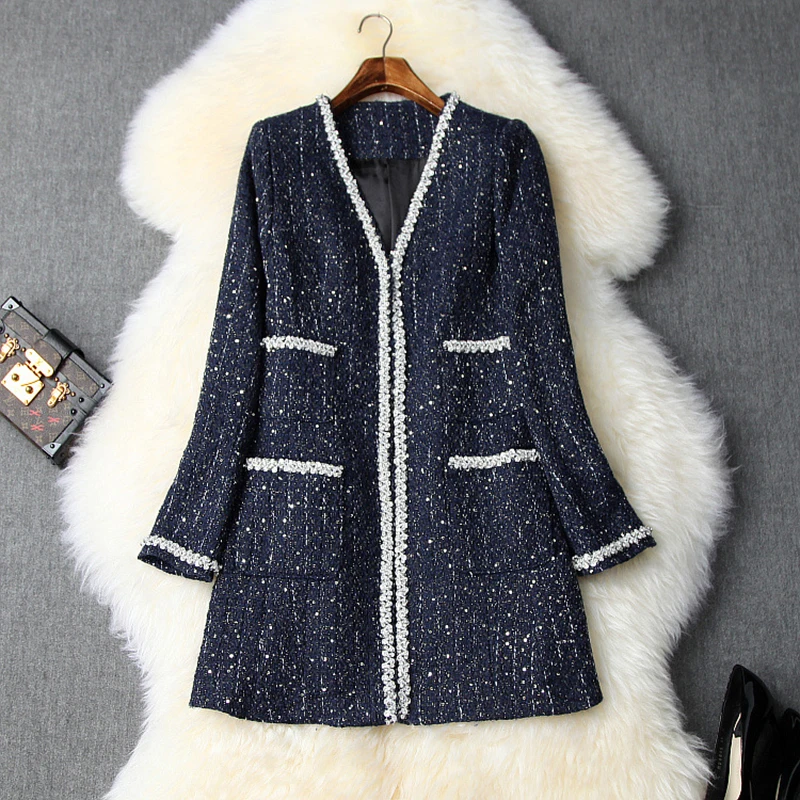 

Runway Designers Winter Jacket Women 2020 New Fashion Long Sleeve Beading Tweed Woolen Jackets and Coats Wool Blend Outerwear