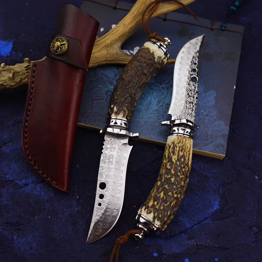 

deer horn handle VG10 Damascus steel forge camping straight blade outdoor survival tactics of the best collector knives