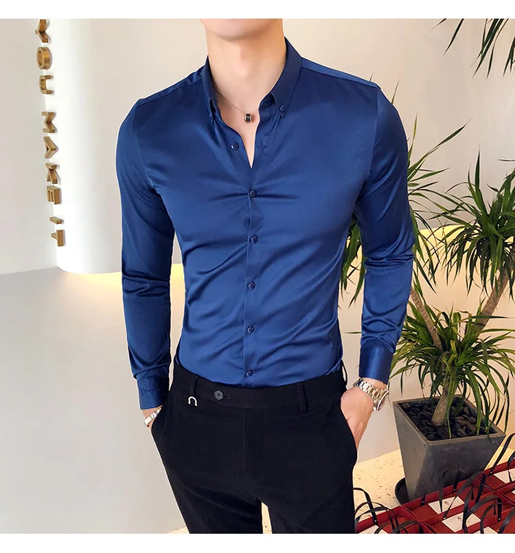 High grade white dress shirt men winter long sleeve black casual shirt slim fit male business office work solid color thick warm