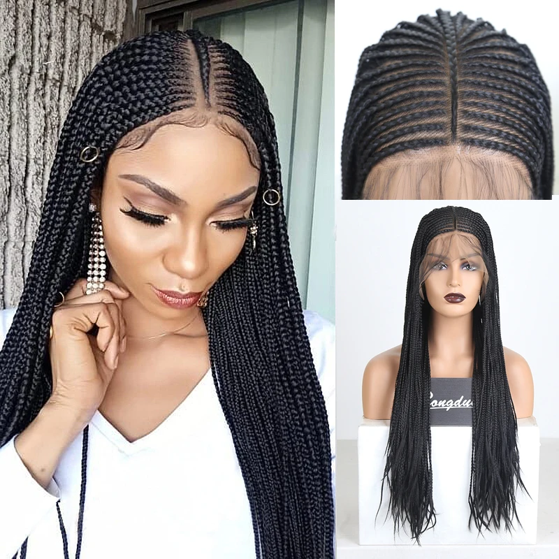 RONGDUOYI Long Synthetic Lace Front Wigs for Women Black Hair Braided