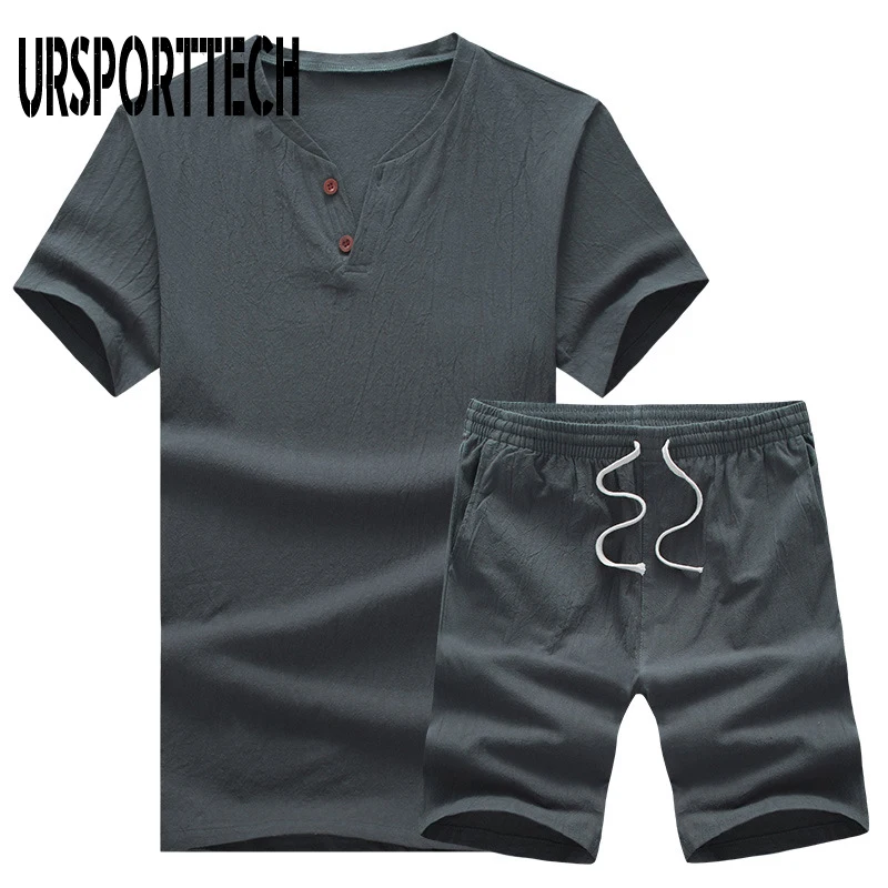 Summer New Tracksuit Men Sets Casual Men Set 2 Pieces Man Suit Sportswear Flax Short Sleeve T-shirt Shorts Joggers Set Oversize