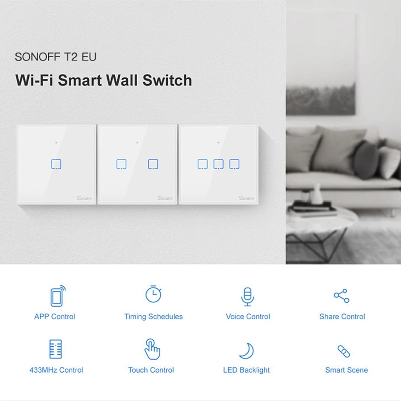 

Sonoff T2 EU US Wireless RF 433 Wifi Wall Light Switch Touch Glass Panel APP Remote Smart Wifi Switch For Automation Module DIY