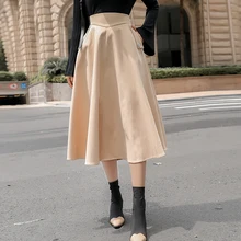 Большие женские Юбки-миди с высокой талией на весну и осень, плиссированные юбки, корейские винтажные трапециевидные элегантные офисные женские юбки с карманами
