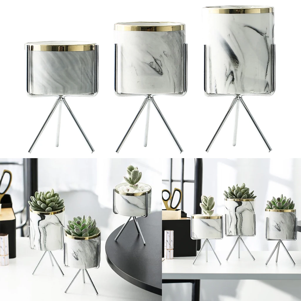 Succulent Plant Pot Marble Pattern Ceramic Succulent Pots with Iron Frame Holder Planters Pot Succulents Flower Indoor Cactus