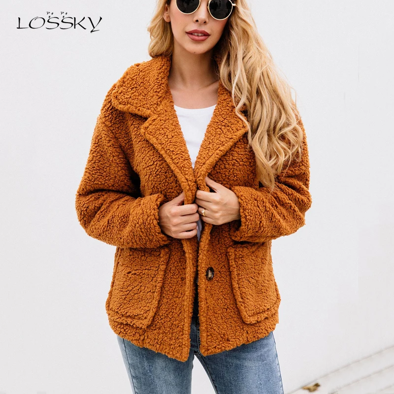 New  Lossky Women Flannel Jacket Coats Long Sleeve Plush Outwear Autumn Winter Warm Clothing Female Stre