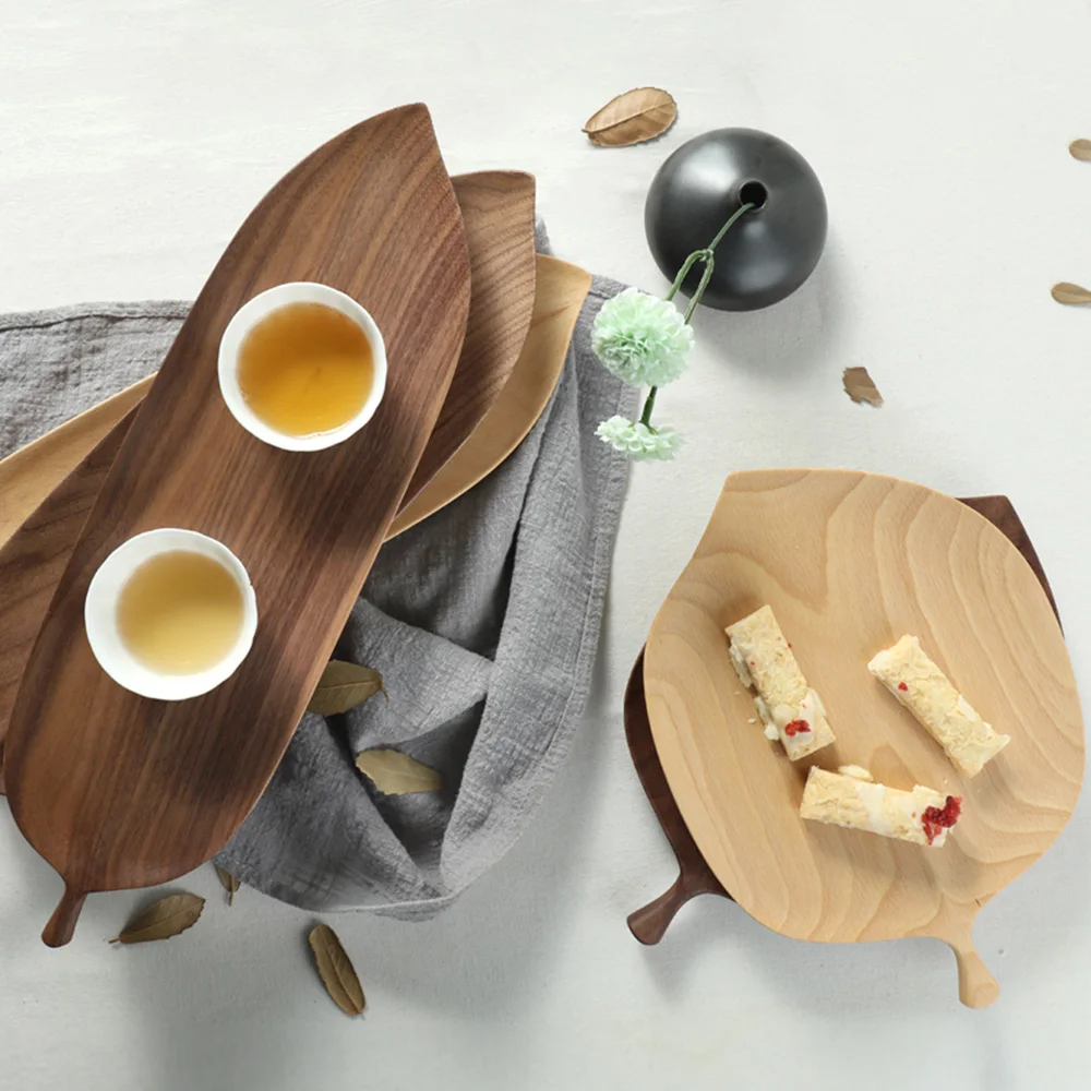 

Japenese Style Black Walnut Wood Leaf Design Plate For Tea Set Tea Pot Cup Dessert Fruit Bread Wooden Tray Home Decoration