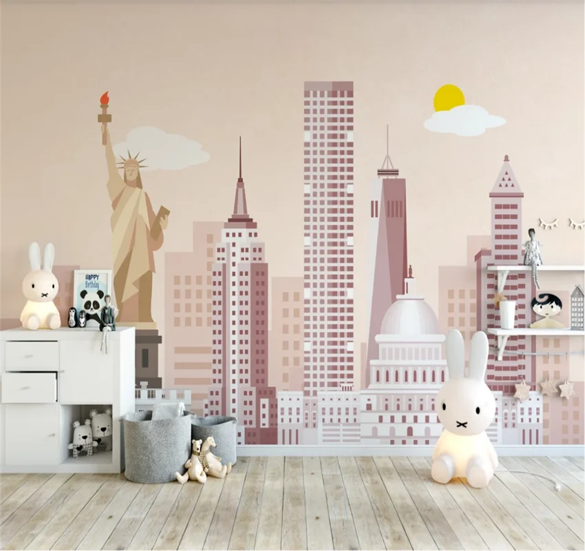 XUESU Nordic city architectural illustration children's room background wall paper mural 8D wall covering
