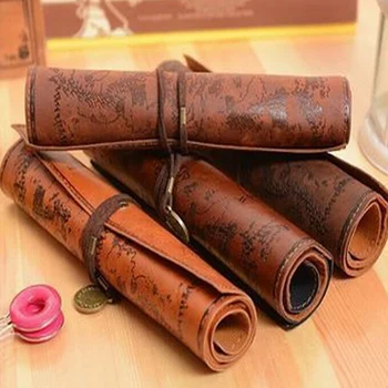 

1Pcs PU Leather Creative Retro Luxury Treasure Map Roll Pencil Cases Pen Bag Pouch For Stationery Supplies Cosmetic Bag 4 Styles