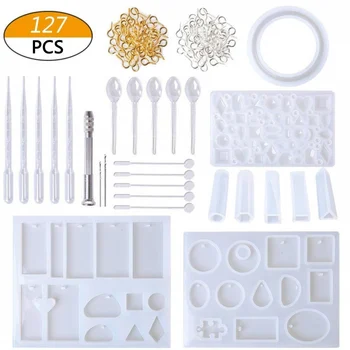 

Jewelry Casting Mold Pendant Making Silicone Mold Resin Tool Set With Shiny Powder Spoon Mix Stick Clasp Pendant 127Pcs