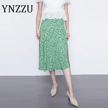 

YNZZU Elegant Green Floral Print Mid-Long Skirts Women 2020 Summer High Waist Female Split Skirts Bottom High Quality AB328
