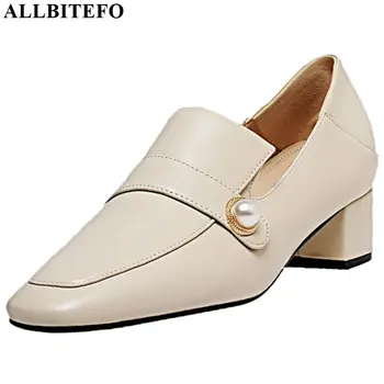 

ALLBITEFO natural genuine leather high heel shoes Simple pearl design office women heels spring summer thick heel high heels