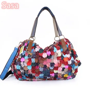 

Sasa 100% Genuine Leather sheepskin Bags Vintage Hobos Women Shoulder Bag Fringe Patchwork Handbags multi color flower summer
