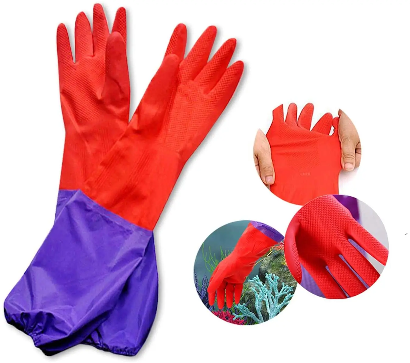1 Pair Aquarium Water Change Gloves 19.6 Inches No-Skid Design Seamless Stitching Elastic Cuff Regular Fish Tank Maintenance