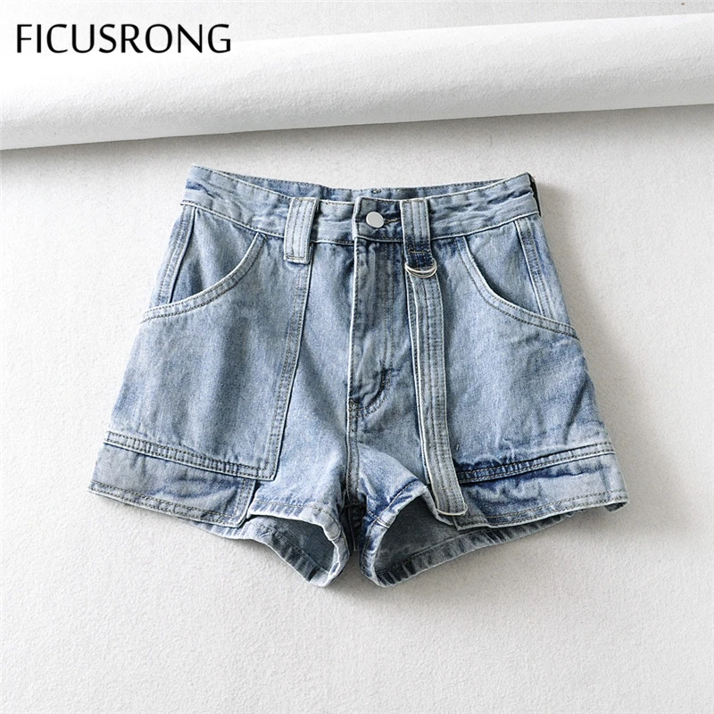 

2020 FICUSRONG Straight High-Waist Jeans Short Pants Women Streetwear Zipper Fly Regular Medium Coated Cotton Denim Pant