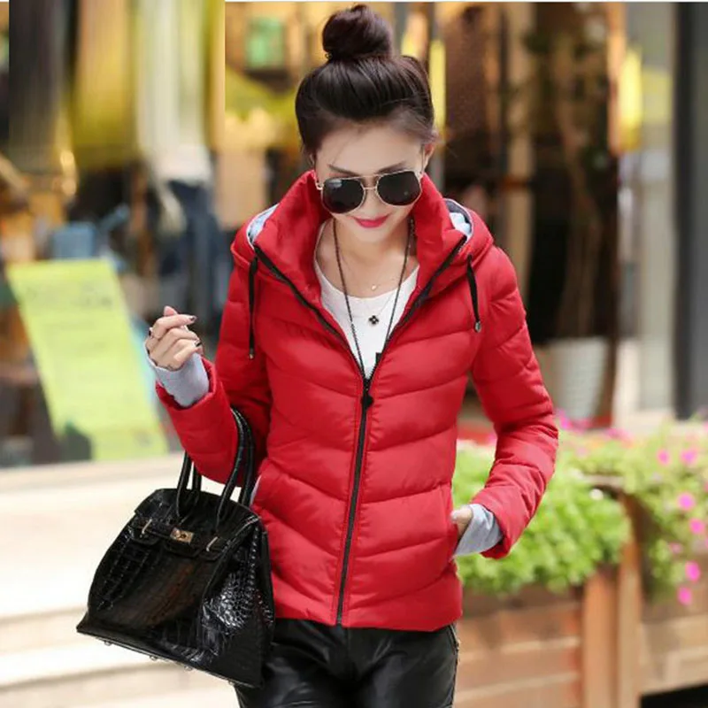 Зимняя куртка женская плюс размер 3XL Парка утепленная верхняя одежда однотонные пальто с капюшоном короткие женские тонкие хлопковые стеганые базовые Топы - Цвет: red