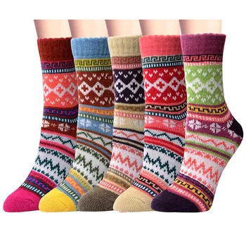 

5 Pack Women Warm Winter Socks Casual Geometric Patterns Thick Wool Vintage Colorful Knit Soft Gift Socks Skarpetki Calcetines 5