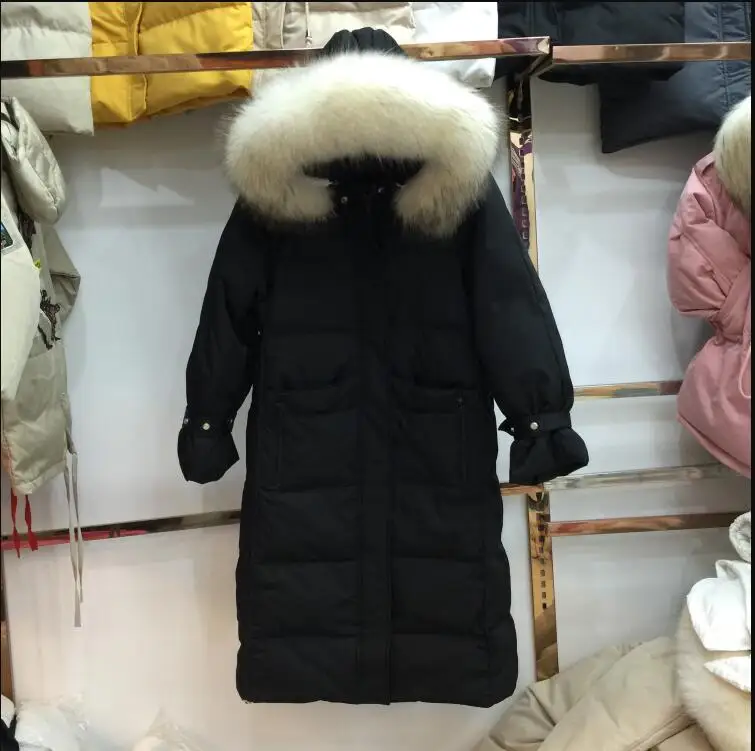 Rеel col en fourrure de raton laveur femmes veste d'hiver canard doudoune e paisse длинный манто для женщин парка grande taille 4XL - Цвет: Черный
