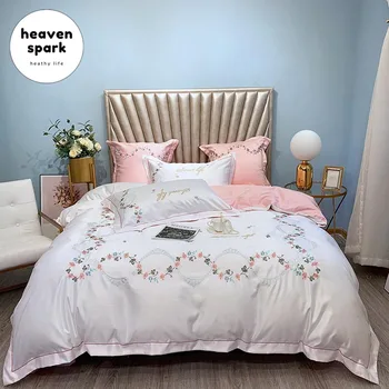 

Luxury 10 Colors Egyptian Cotton & Silk Embroidery Flower Bedding Set Duvet Cover Quilt Bed Sheets and Pillowcases Sabanas 4Pcs