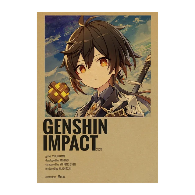 Genshin Impact Anime Posters Kraft Paper Prints Home Room Decor Study Bedroom Bar Cafe Wall Paintings Cartoon Wall Stickers Kraft Paper