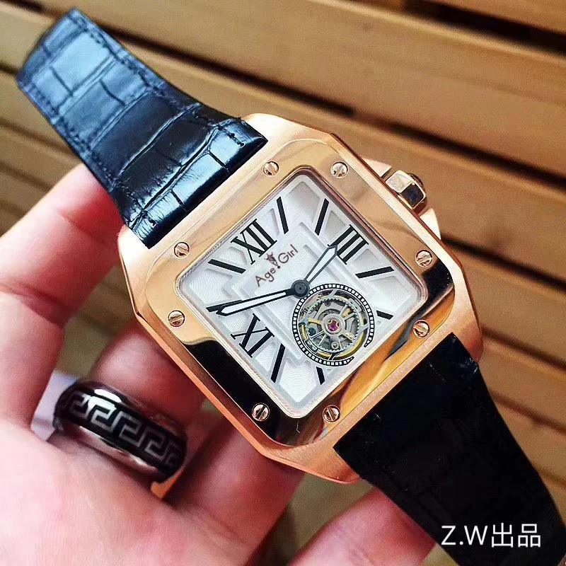 

Luxury Brand New Men Automatic Mechanical Watch Gold Brown Black Leather Tourbillon Sapphire Glass Back Limited Sport Square AAA