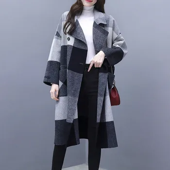 

Women Plaid Wool Blends 2019 Fall Korean Fashion Sashes Trench Jacket Winter Thick Long Outerwear Office Lady Vintage Overcoat