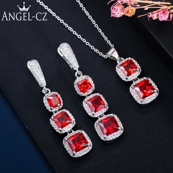 

ANGELCZ Trendy Princess Cut AAA Red Cubic Zirconia Stones Long Square Drop Necklace and Earing Party Jewelry Set for Women AJ185