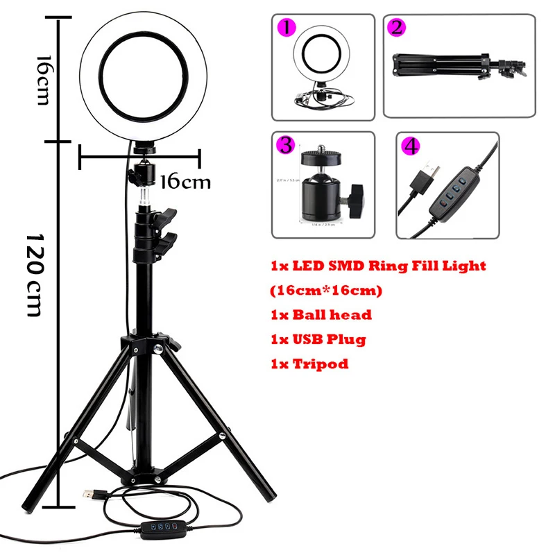 MAMNE 16 см кольцевой светильник, светодиодный светильник с регулируемой яркостью для фотографии, светильник для Youtube Live Video Studio, светильник для фото с треногой - Цвет: 06
