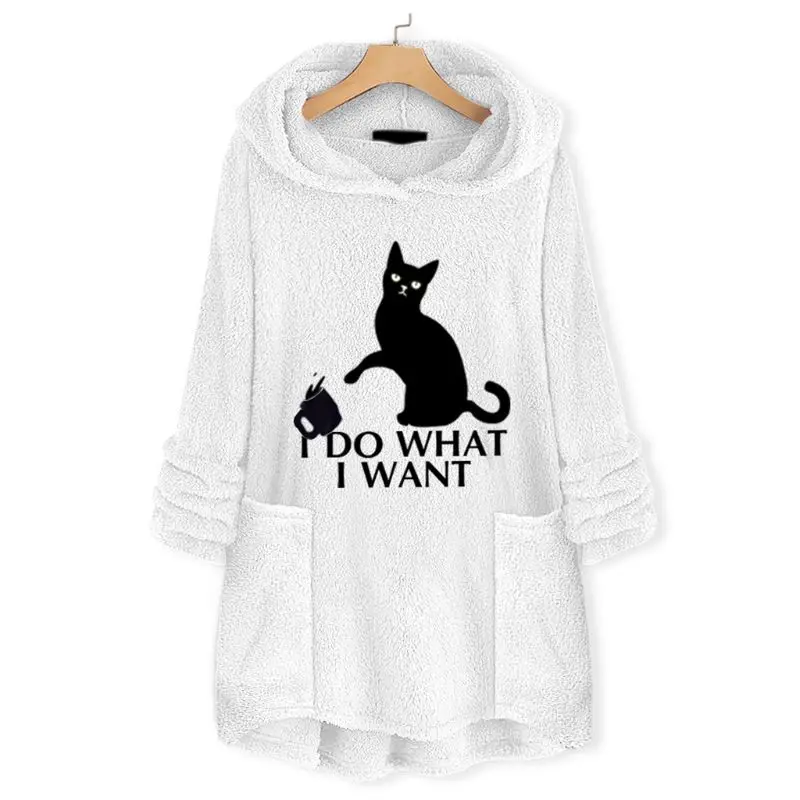 Womens Plus Size Winter Thicken Plush Hooded Sweatshirt Cute Lazy Cat Cartoon Printed Loose Asymmetric Hem Tunic Tops M-5XL