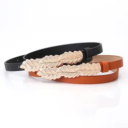 106cm*1.4cm Thin Belt All-Match Women Alloy Leaf Design Buckle Jeans PU Waistband Female Fashion Band Ladies
