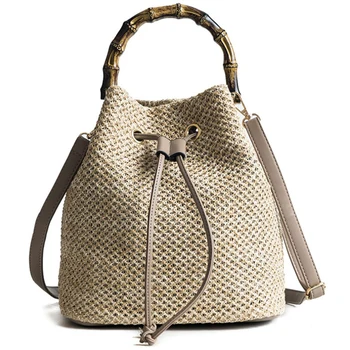

Women Bucket String Beach Bags Summer Knitting Straw Bag Female Shoulder Bag Bamboo Handle Handbag Messenger Crossbody Bags Tote