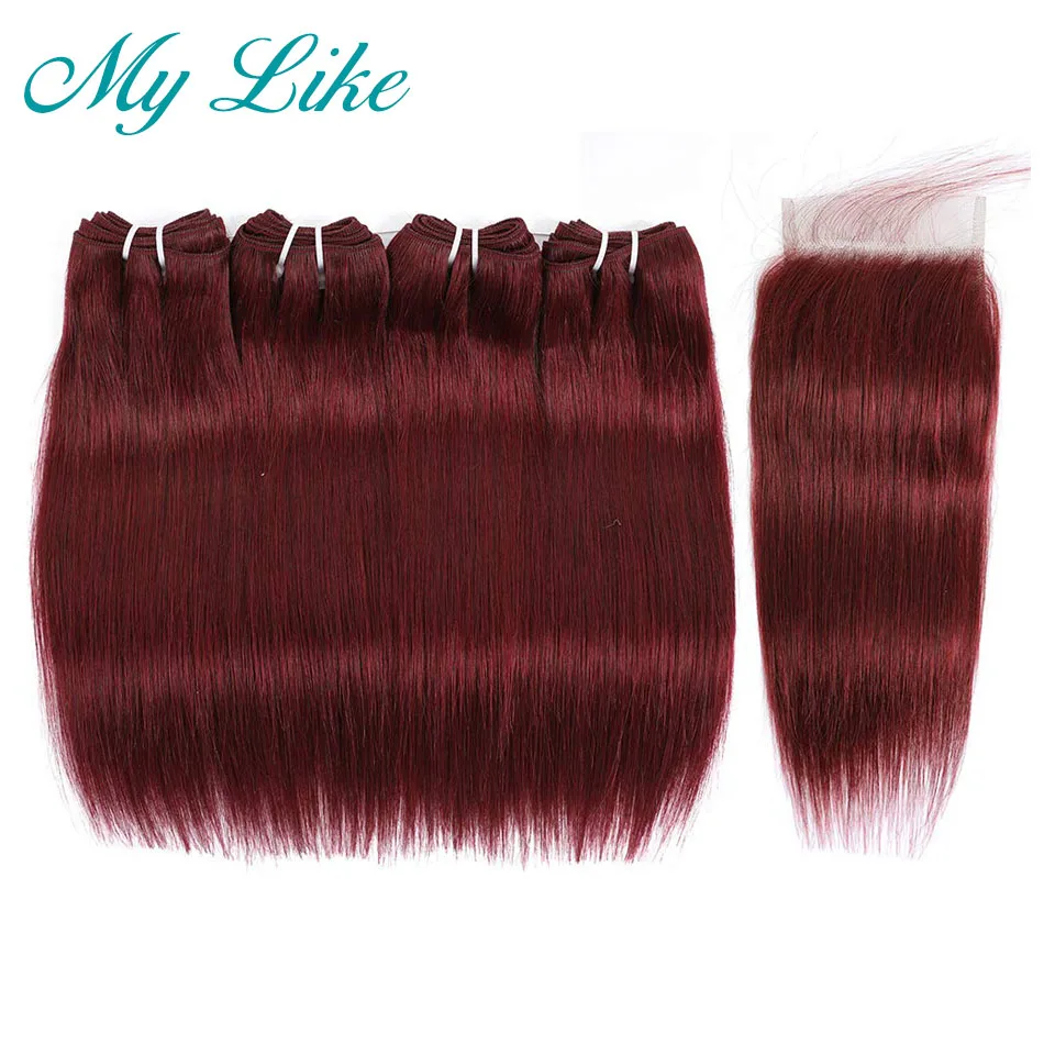 4 Bundles with Closure 50g/pc Ombre Peruvian Straight Human Hair Lace Red Wine 99j With | Шиньоны и парики