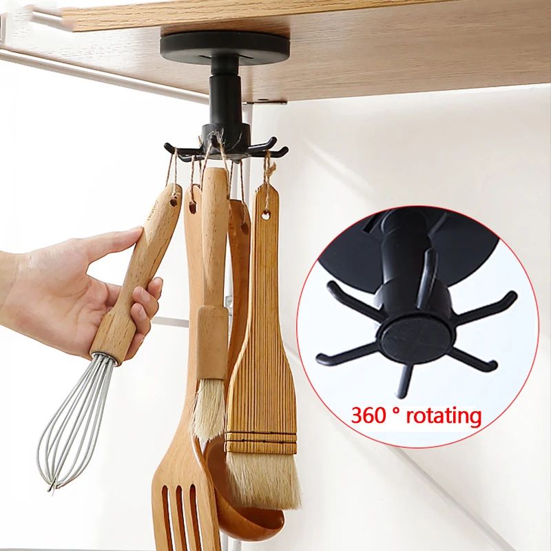 Wall Mounted Rotating Hooks Retractable Kitchenware Rack Spatula Spoon
