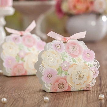 

50pcs Elegant Event Party Pink Flower Ribbon Paper Laser Cut Wedding Decoration Birthday Engagement Birthday Candy Favors Box