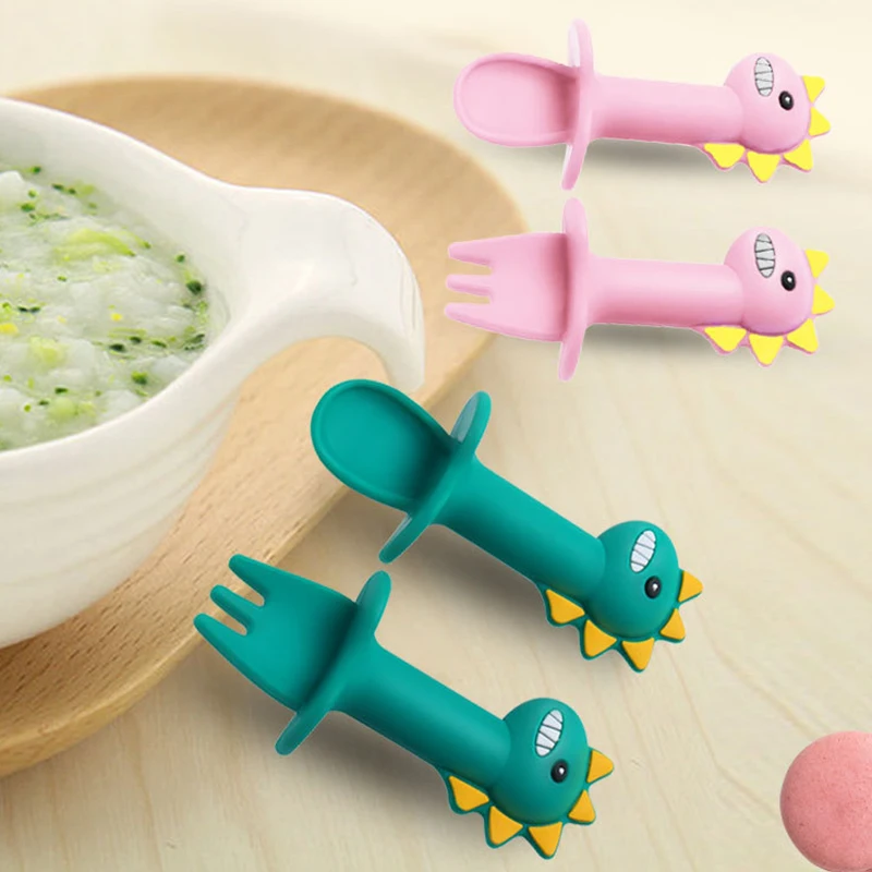 

2Pcs/Set Cartoon Baby Spoon Set Learn Fork Short Easy Spoon Dinosaur Silicone Teether Toys Anti-slip Feeding Training Utensils