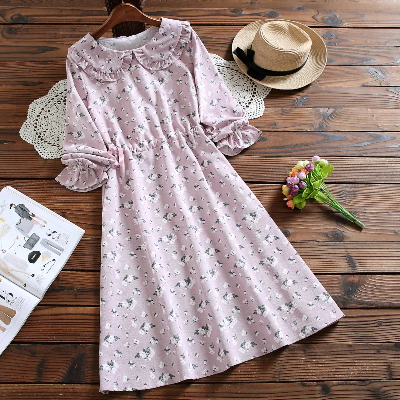 

Women Clothes 2019 Japanese Mori Girl Dress Peter Pan Collar Floral Bandage Vestido Longo Elegant Corduroy Midi Autumn Dress