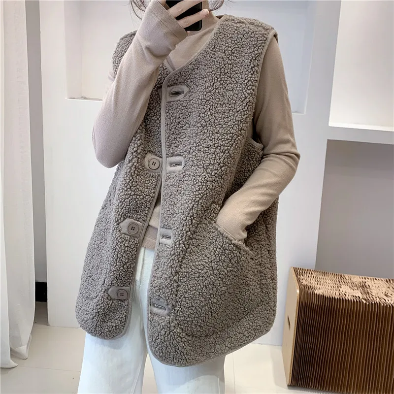 Lamb Hair Women's Vest 2023 Autumn New Korean Loose Women's Coat Fur Suede Jacket Sleeveless Single-Breasted Parkas Waistcoat