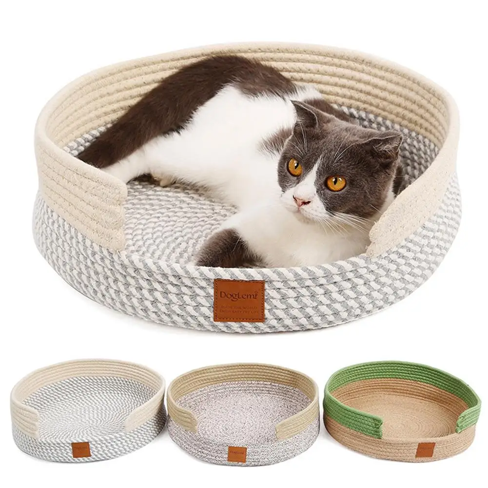 Pet Cat Dog Soft Warm Nest Kennel Bed Cave House Sleeping Bag Mat Pad Tent Pet Cotton Thread Weaving Basket Round Pet Cat Bed