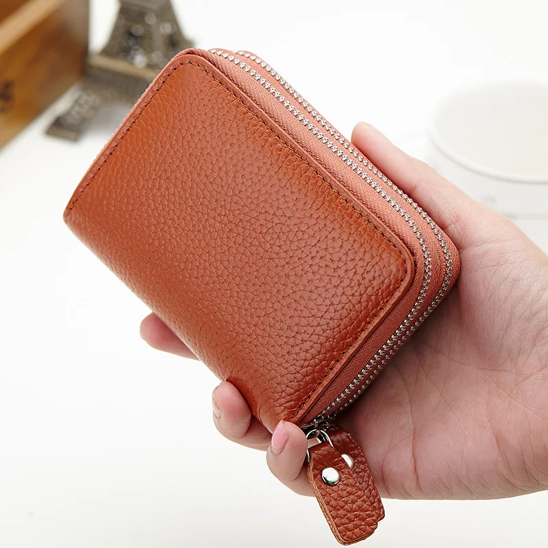 

New Double Zipper Genuine Leather Short Women Wallets Business Card Holder Small Wallet Litchi Cowhide Coin Purse Clutch Bag