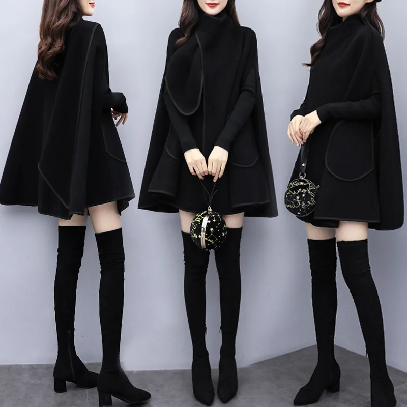 

2019 Autumn And Winter New Style Cloak Coat Black Woolen Mid-length Loose-Fit Short-height British Style Woolen Overcoat Women's